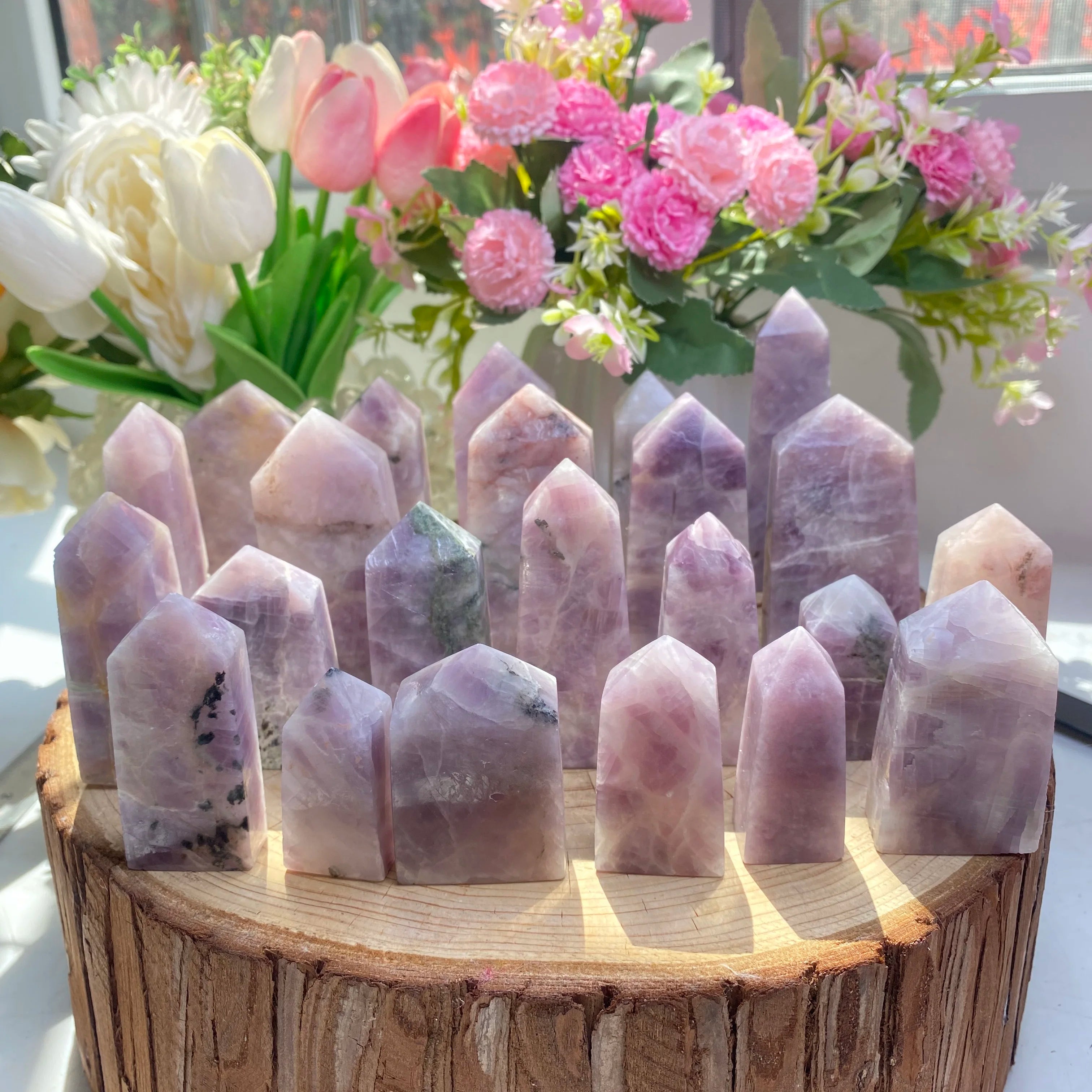 Wholesale Natural Pink Kunzite Tetrahedron Point Wand Healing Crystal Obelisk Tower