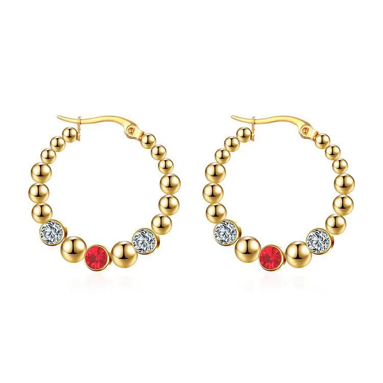 Fashion Dainty Custom Beads Inlay Red White Zircon Hoop Earrings 18 K Gold Plated Stainless Steel Earring for Woman Fine Jewelry
