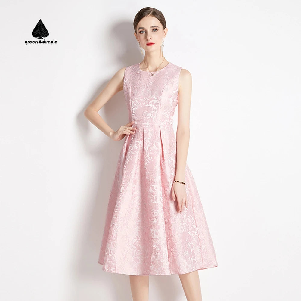 Women's Sleeveless Brocade Dress Pink Green Floral Pattern a Line Midi Dress Elegant Casual Party Evening Wear Dresses
