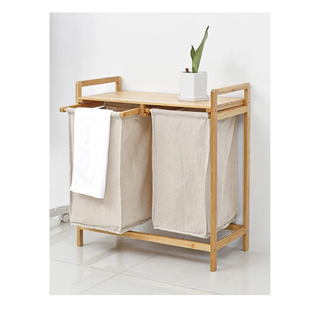 Bamboo Double Layer Large Capacity Space Saving Durable Storage Rack for Household Dirty Laundry Placement