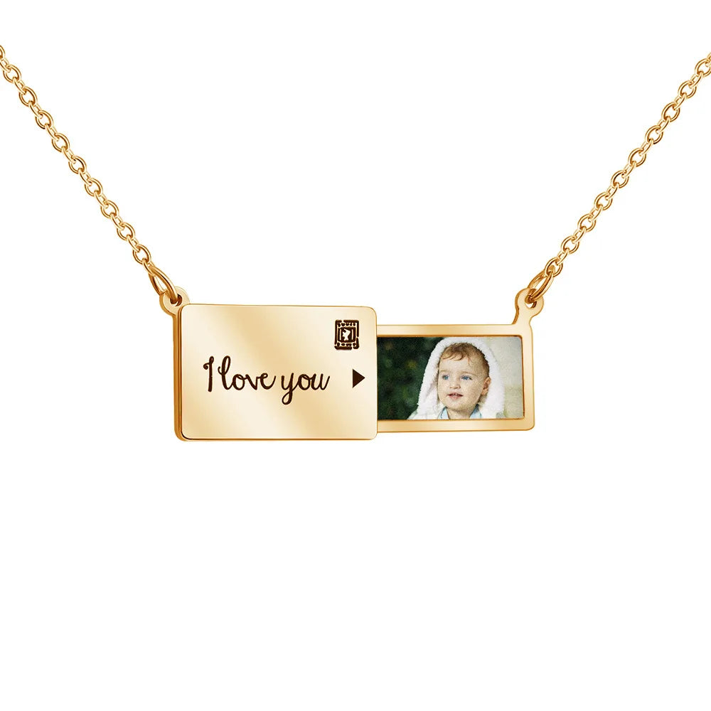 Stainless Steel Gold Plated Customized Engraved Envelop Necklace Titanium Steel Personalized Pull-out Photo Rectangle Necklace