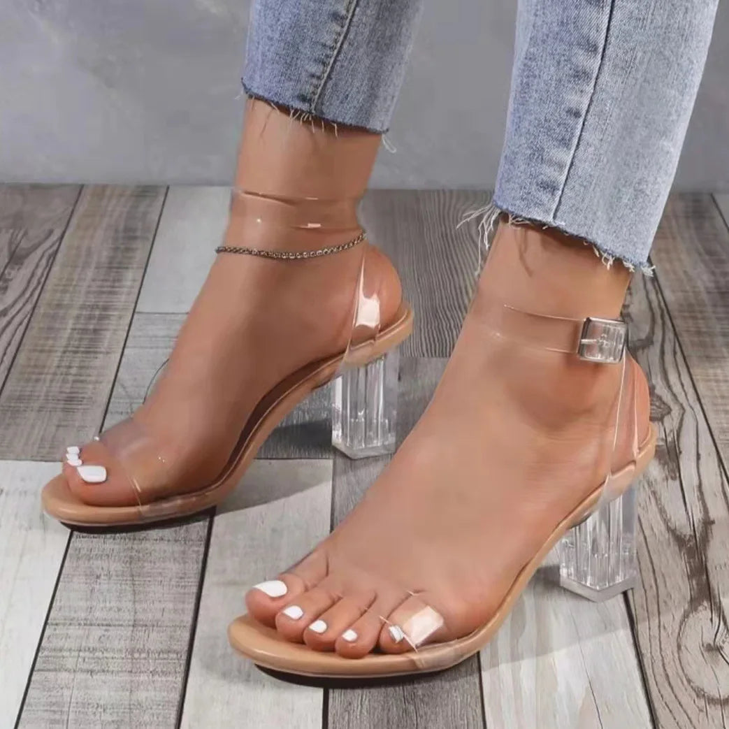Best Selling Transparent One Strap Thick Heel Women's High Heeled Sandals Pointed Fashion Summer Ladies Sandals Anti Slip Shoes