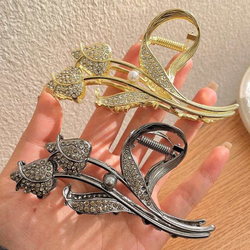 Tulip Shape Large Size Grab Clip Diamond Hairpin New Shark Clip Hairpin for Ladies