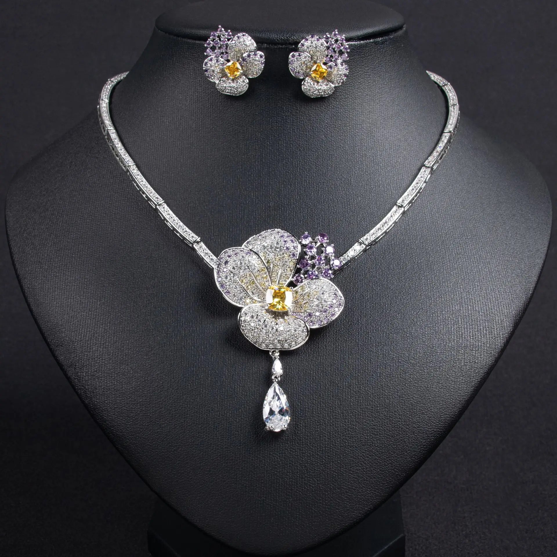 Shescity Trendy Fashionable Flower Designer Necklace Jewelry Set Brass Colorful CZ Luxury Wedding Party for Bride