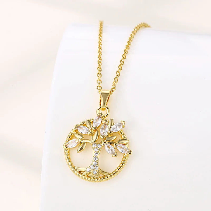 High Quality 18K Gold Plated Round Hollow Stainless Steel Tree of Life Crystal Necklace for Women and Girls