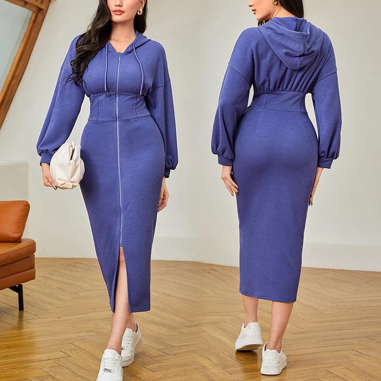 Wholesale Solid Digital Printing Eco-Friendly Midi Long Sleeve Slit Custom Women Casual Hoodie Dress with Zippers
