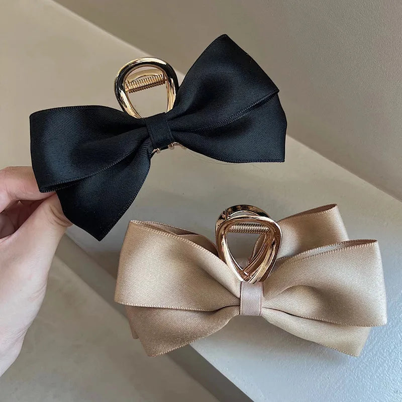 2025 Customize Women Girls Cream White Large Black Cute Luxe Satin Fabric Bow Metal Claws Clip Hair Accessories Funky Hair Claw