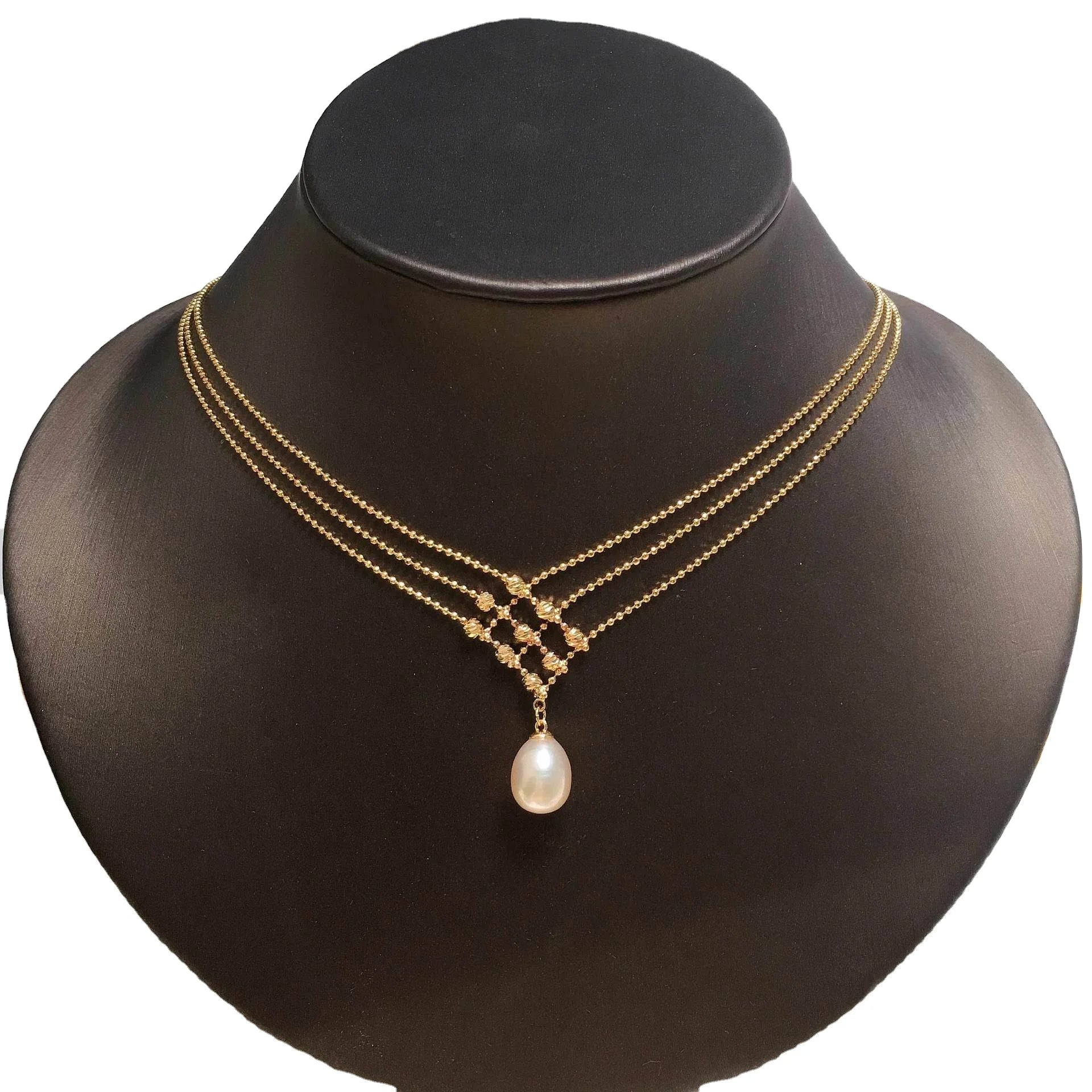 18K GOLD Plated Fine Jewelry Cross Chains Women Multi Layer Real Freshwater Pearl Necklace Three Tier Pearl Pendant Necklace