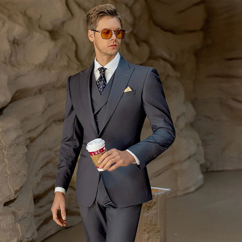 Men's Luxury High-End Dark Gray Wool Suit Single Breasted Three-Piece Set Zipper Fly Slim-Fit Business Commuter Flat Front Style