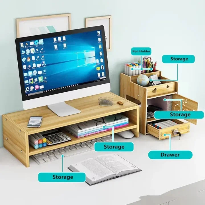 Wooden Desktop Storage Rack Computer Monitor Riser Stand Keyboard Mouse Organizer Heighten Shelf for Office Stacking Racks