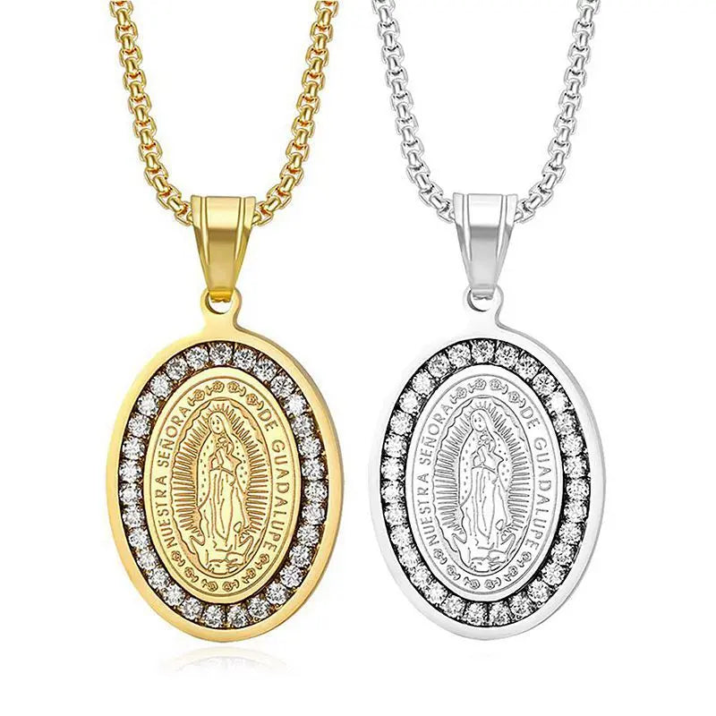 AAAAA Zircon Stone 316l Stainless Steel Gold Plated Virgen De Our Lady of Guadalupe Pendant Necklace