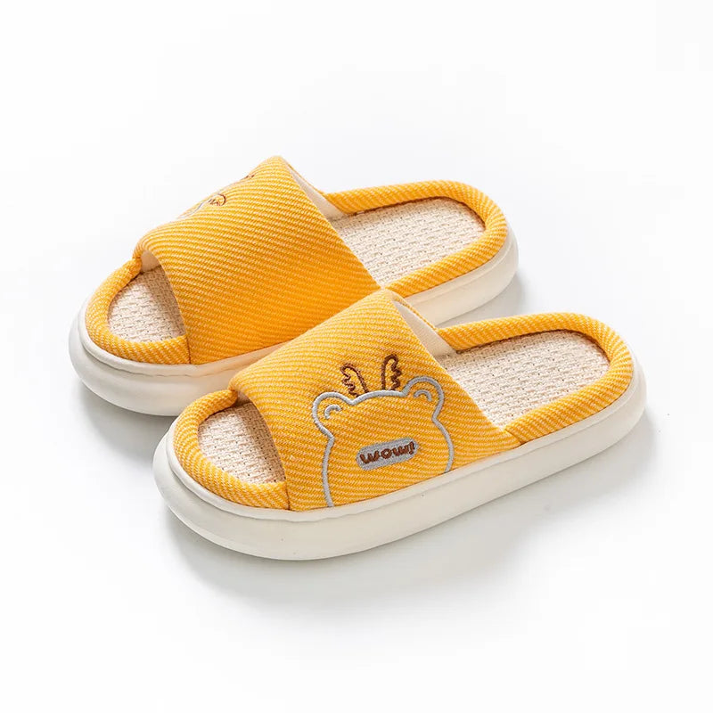 Cartoon Embroidery Linen Slippers Casual Sandals Indoor Home Thick Sole Slippers for Kids Men Women Plush slippers
