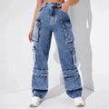 Women's High-Waisted Flip Pocket Jeans Loose-Fitting Work Pants With Boyfriend Style Solid Denim Casual Washed Technique