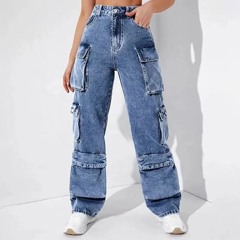 Women's High-Waisted Flip Pocket Jeans Loose-Fitting Work Pants With Boyfriend Style Solid Denim Casual Washed Technique
