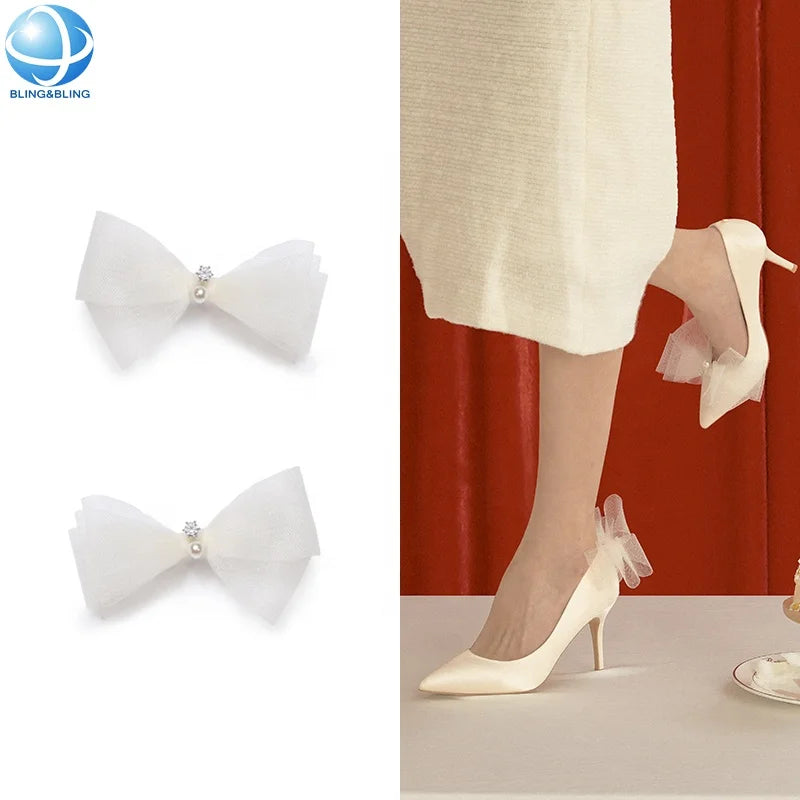 Wedding Party Shoes Accessories White Ribbon Bow Shoe Clips Rhinestone Shoe Charms for High Heel Upper