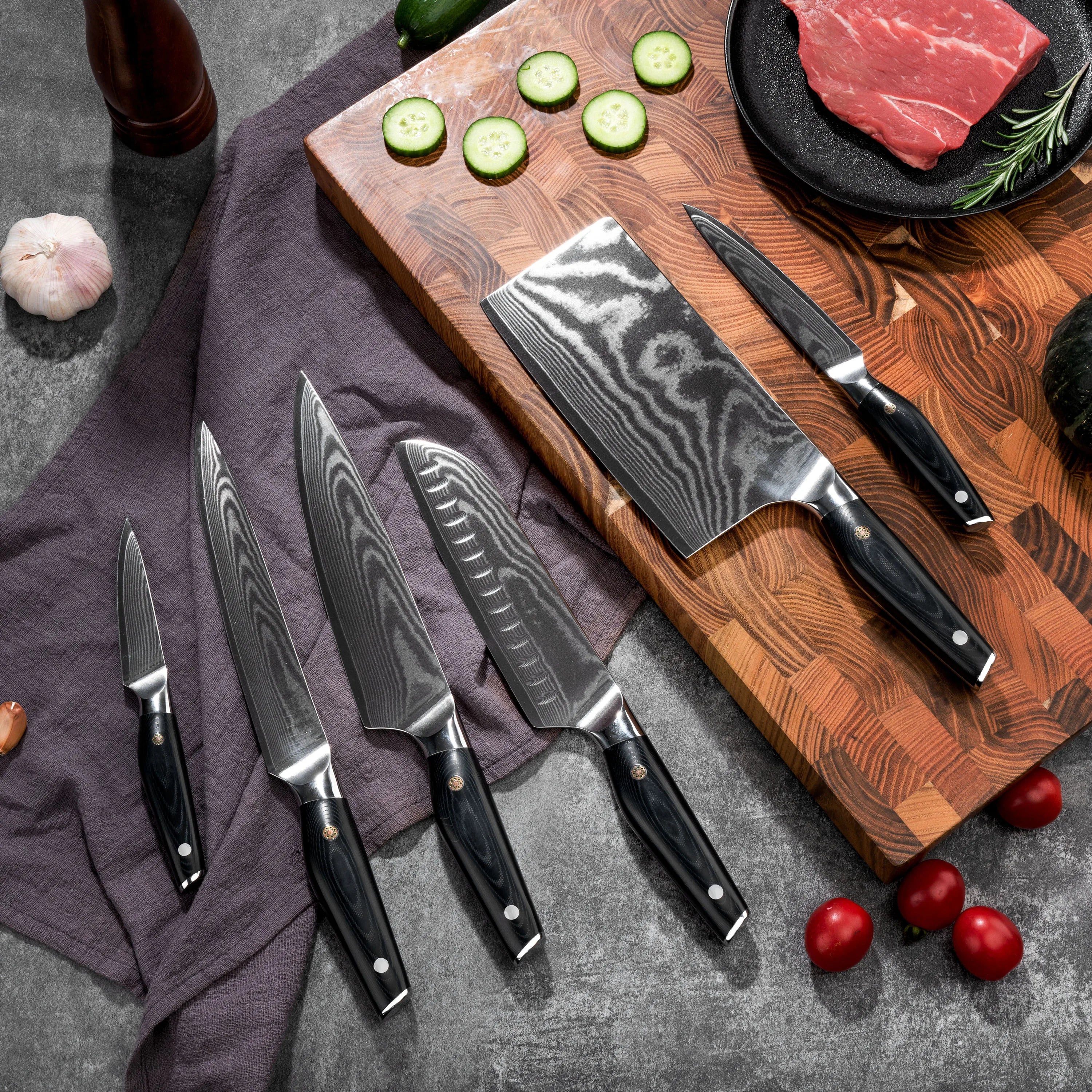 Hot Sale Cooking Tools 6Pcs G10 Handle Damascus Steel Santoku Utility Boning Slicer Knife Kitchen Knife Set