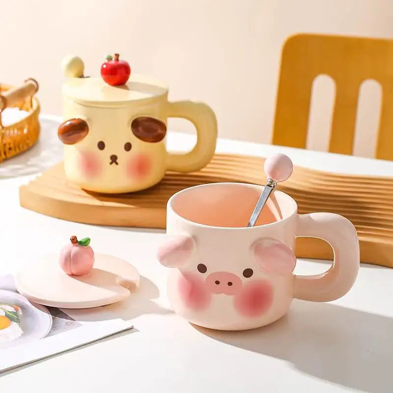 M 450ml Cartoon Pig Mug Coffee Cup Set With Spoon Ceramic Gift Home Mugs 3D Water Cups Lovers Milk Large Capacity Breakfast Mug