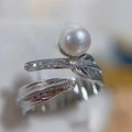 Silver Feather & Freshwater Pearl Ring Gold Plated Trendy Natural Engagement for Women 6.5-7MM 1 Pairs 6.5-7MM 1 Pairs