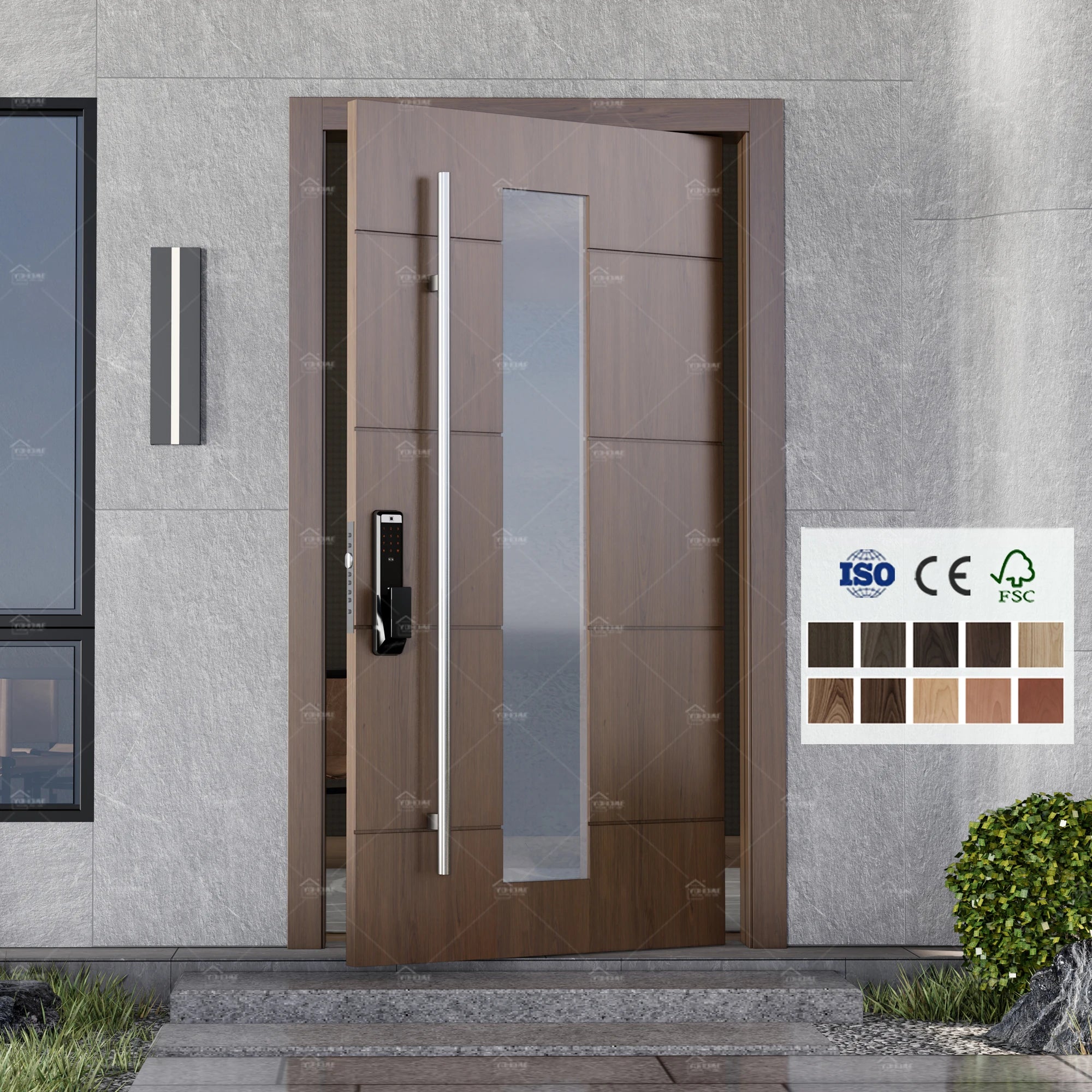Guangdong Yohome Custom ISO Certified Entrance Wooden Security Front Doors for Homes External Pivot Entry Door