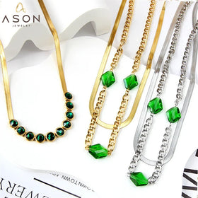 Popular Delicate Female Jewelry Gold Plated Stainless Steel Green Rhinestone Charms Choker Necklace Women