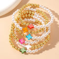 Go2boho Bohemian Style Jewelry Shell Colored Cross Imitation Pearl Copper Bead Elastic Bracelet 14K Gold-plated Bead Bracelet