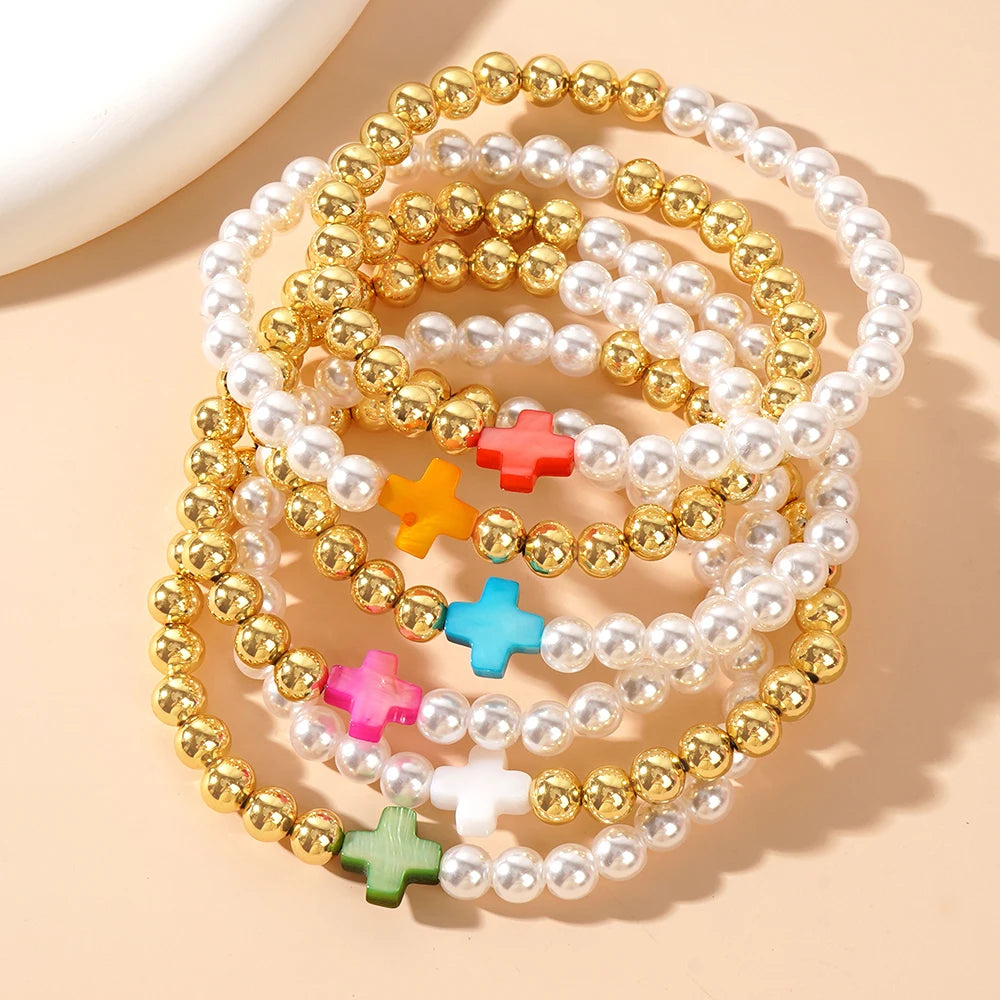 Go2boho Bohemian Style Jewelry Shell Colored Cross Imitation Pearl Copper Bead Elastic Bracelet 14K Gold-plated Bead Bracelet