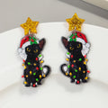 Vintage Christmas Acrylic Drop Earrings Cute Ragdolls Animals with Stars Colored Lights Santa Hat & Black Cat for Party Wear