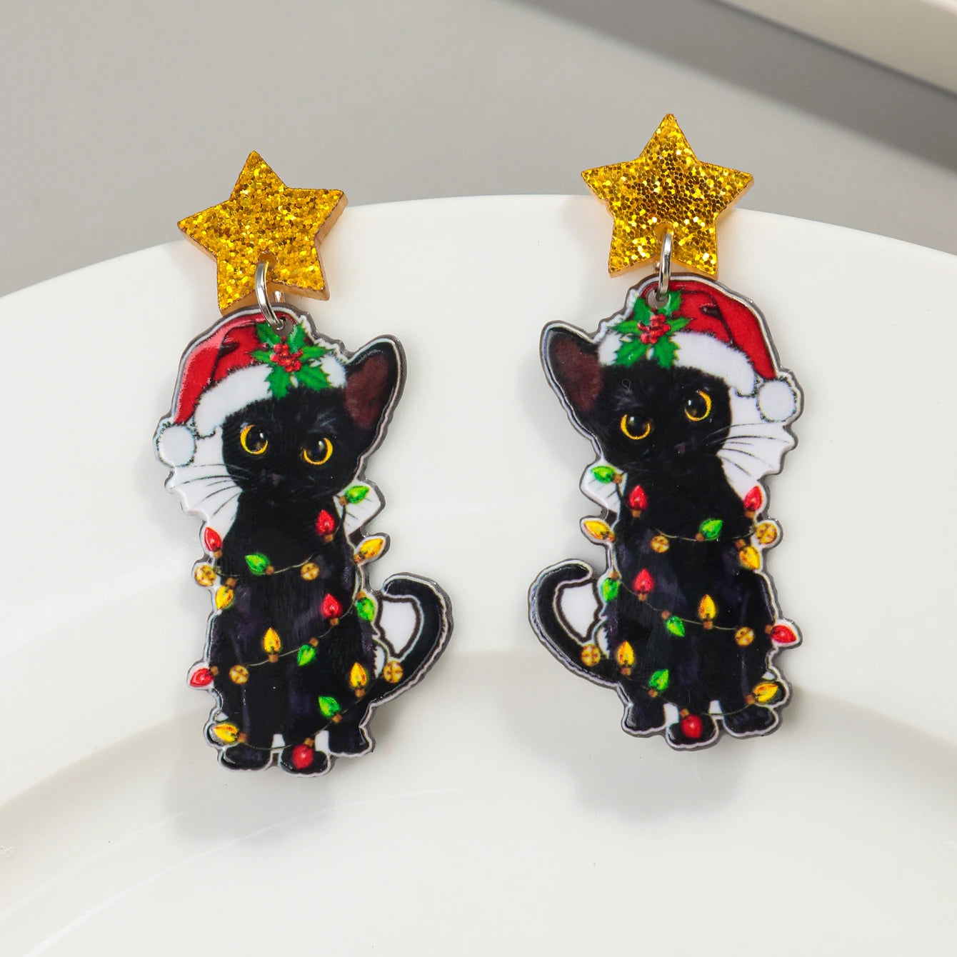 Vintage Christmas Acrylic Drop Earrings Cute Ragdolls Animals with Stars Colored Lights Santa Hat & Black Cat for Party Wear