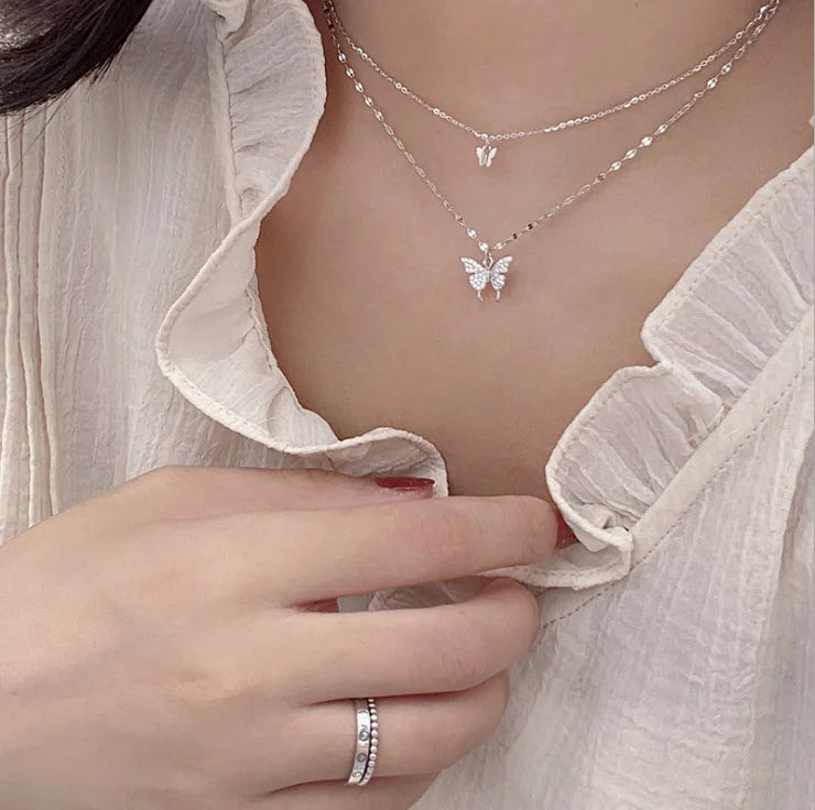 SAIJE New Flash Diamond Butterfly Double Necklace Female Contracted Design Collarbone Chain Pendant Necklace Choker Wholesale