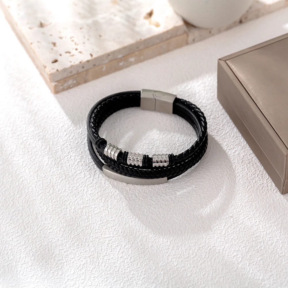 Handmade Fashion Custom Man Leather Bracelet Jewelry Silver Stainless Steel Leather Bracelet for Man