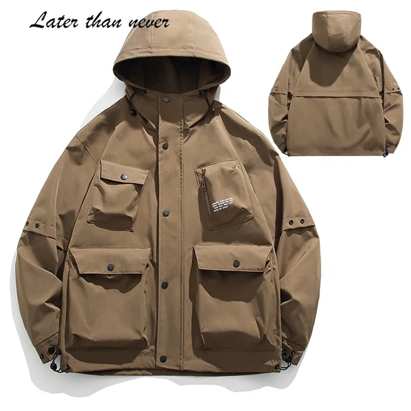 Custom Men's Autumn Outdoor Windbreaker Jacket New Designer Solid Multi Pocket Sport Casual Coat Stand Collar Cargo Trench Style