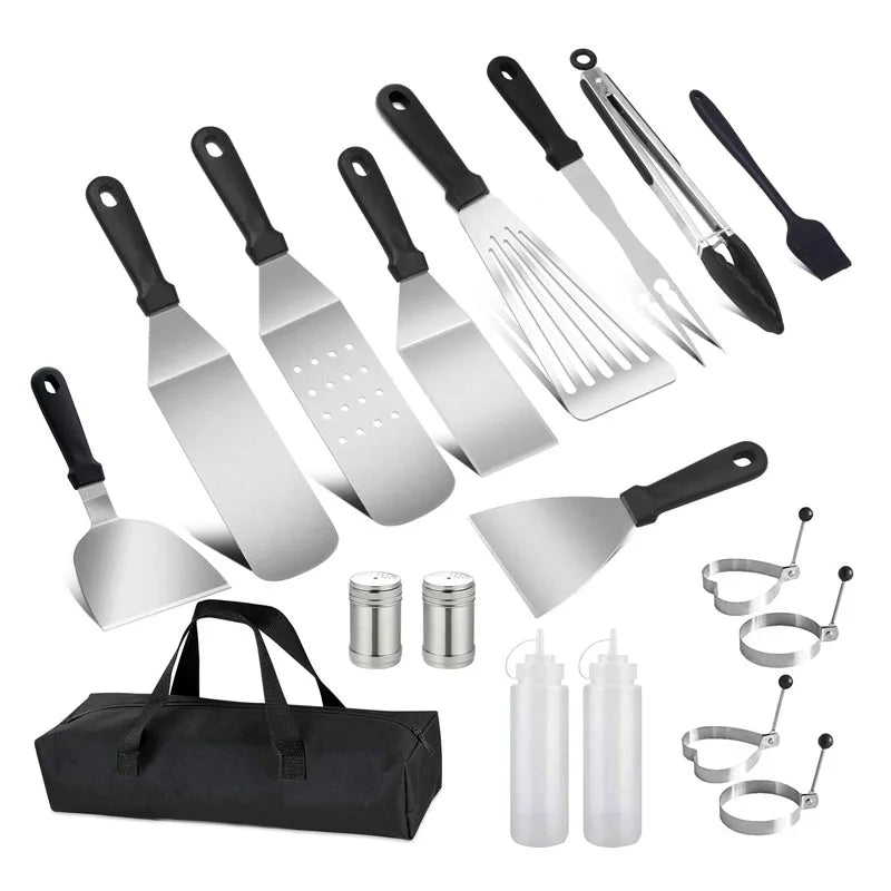 18-piece Stainless Steel Heat Resistant Frying Spatula Set BBQ Grill Baking Teppanyaki Steak Cooking Tools Not Coated Easily