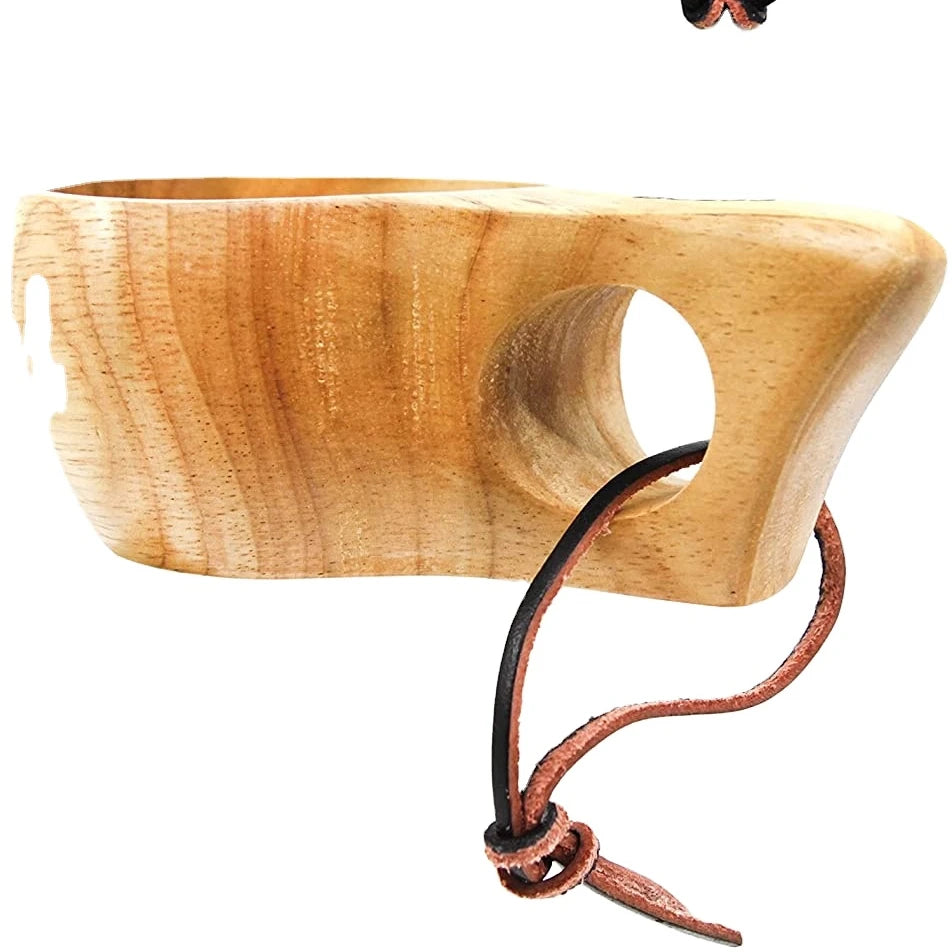 Portable Outdoor Camping Drinking Cup with Lanyard Scandinavian Style Kuksa Wood Tea Cup Coffee Mug Nordic Handmade Wooden Mug