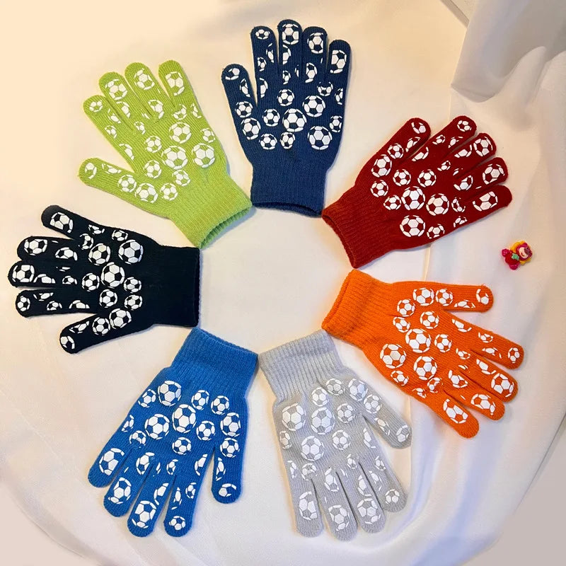 Designed Pattern Winter Warm Gloves Magic Knitted Acrylic Football Pattern PVC Printed Children Kid Gloves for Boys