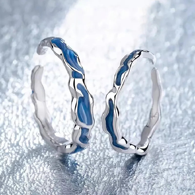 Design Sense Irregular Fold Blue Open Couple Rings Adjustable Ring Lover Anniversary Gift for Women Men Jewelry