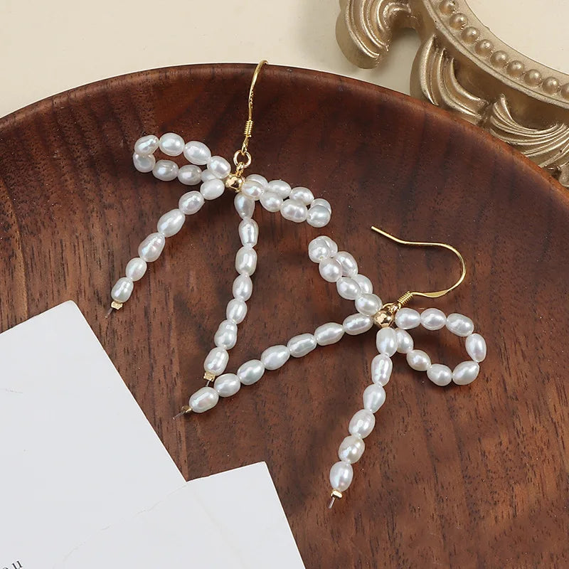 Bow Pearl Earrings Natural Freshwater Pearl 925 Sterling Silver Earrings Gold Plated