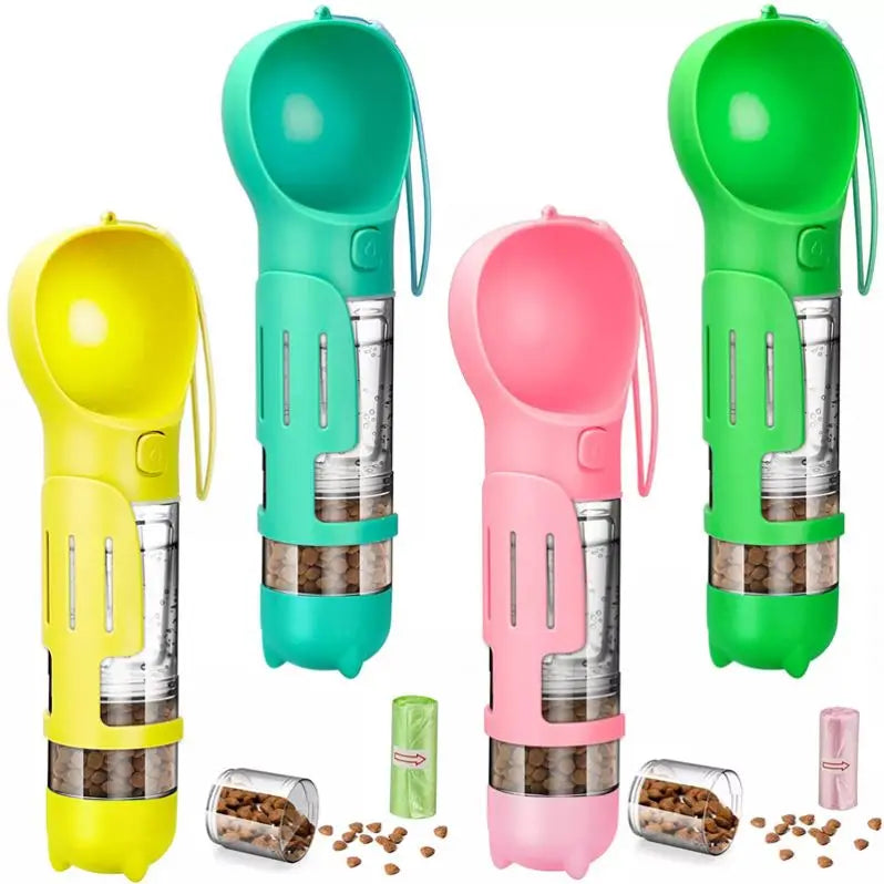 4 in 1 Dog Water Food Travel Bottle with Poop Holder & Poop Bags Dogs Pet Portable Drinking Feeder for Dog Cat Walking Traveling