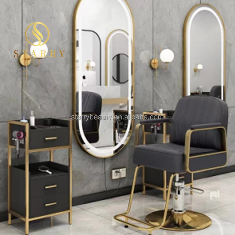 Salon Furniture Set with PU Leather Adjustable Height Chair and Mirror for Hair Salon Barbershop Hotel & Gym Use