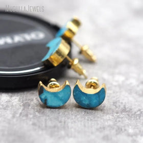 ER27812 Natural Gemstone Turquoise Crescent Moon Shape Stud Earrings Gold Plated Celestial Jewelry Bride Bridesmaid Stylish Gift