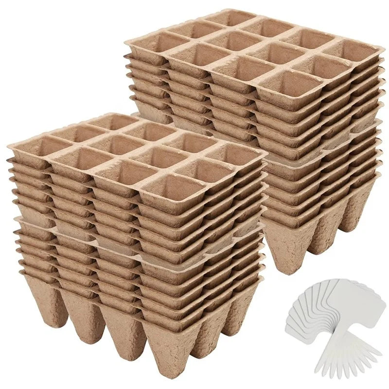 Seedlings Tray Biodegradable Portable Paper Pulp Starter Pots with Drainage Holes and Plant Markers for Planting