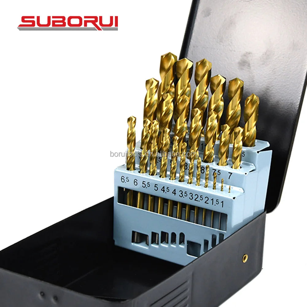 SUBIRUI DIN338 High Speed Steel HSS M2 4341 4241 Titanium 25pcs Set HSS Drill Bits Set for Metal Stainless Steel Drilling