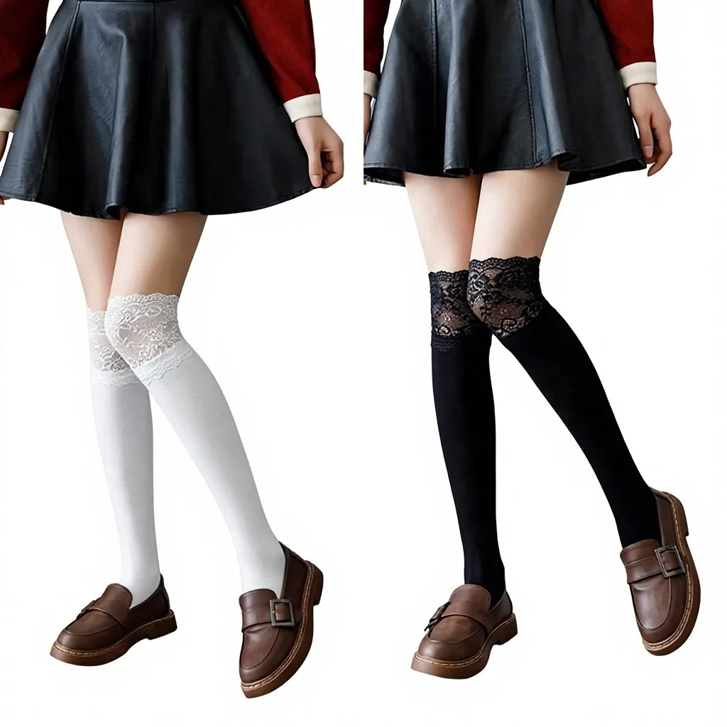 Wholesale Black White Lace Extra Long Socks Women Lolita Cotton Over the Knee Thigh High Socks