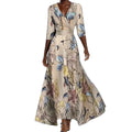 RNSHANGER Summer Women Fashion V Neck Belted Party Long Dress Sexy Printing Boho Maxi Dresses Short Sleeve Pocket Female Dress