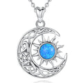 925 Sterling Silver Vintage Celtic Knot Crescent Moon and Sun Pendant Necklace with Blue Opal