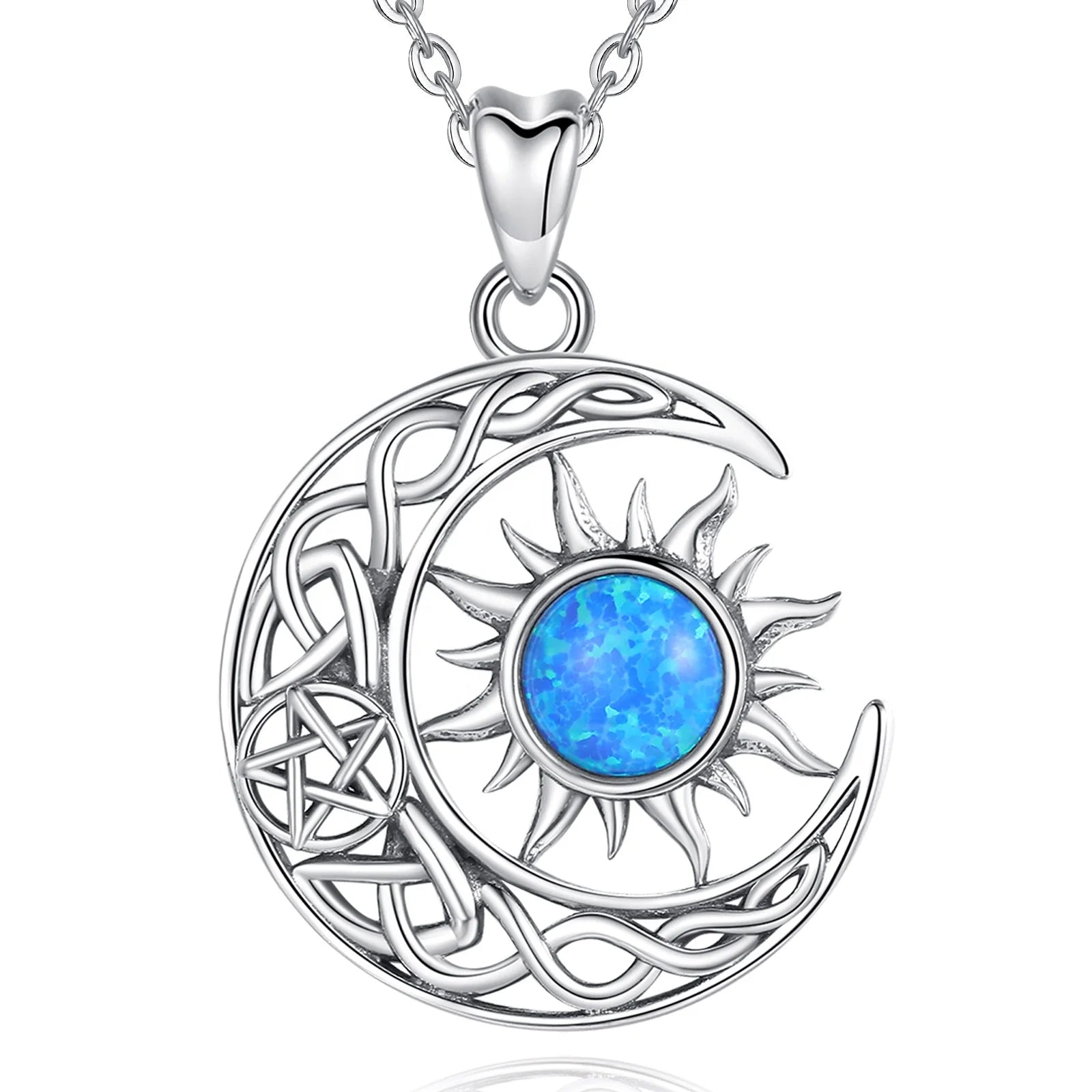 925 Sterling Silver Vintage Celtic Knot Crescent Moon and Sun Pendant Necklace with Blue Opal