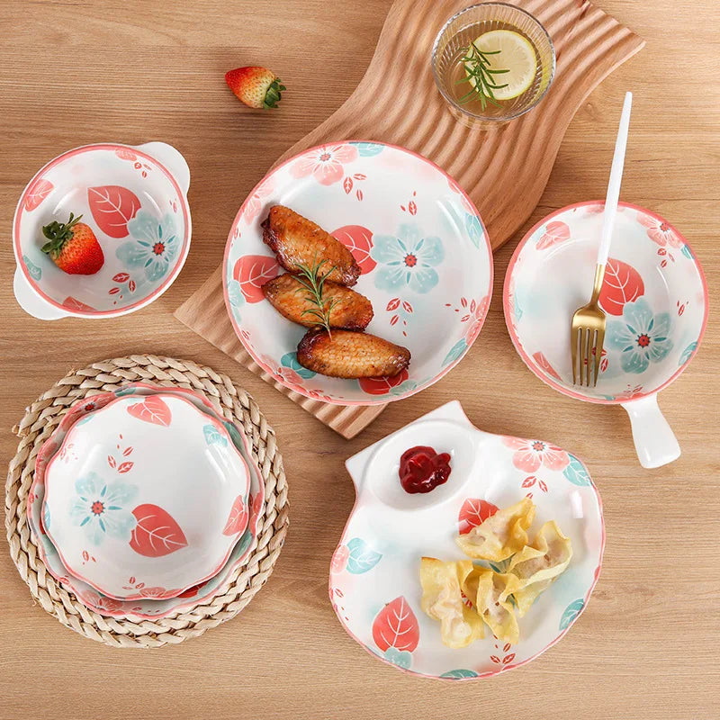High-Value Ceramic Bowl Plate Set Spring Floral Pattern Modern Chinese Square Gifts Parties Camping Christmas Enamel Small