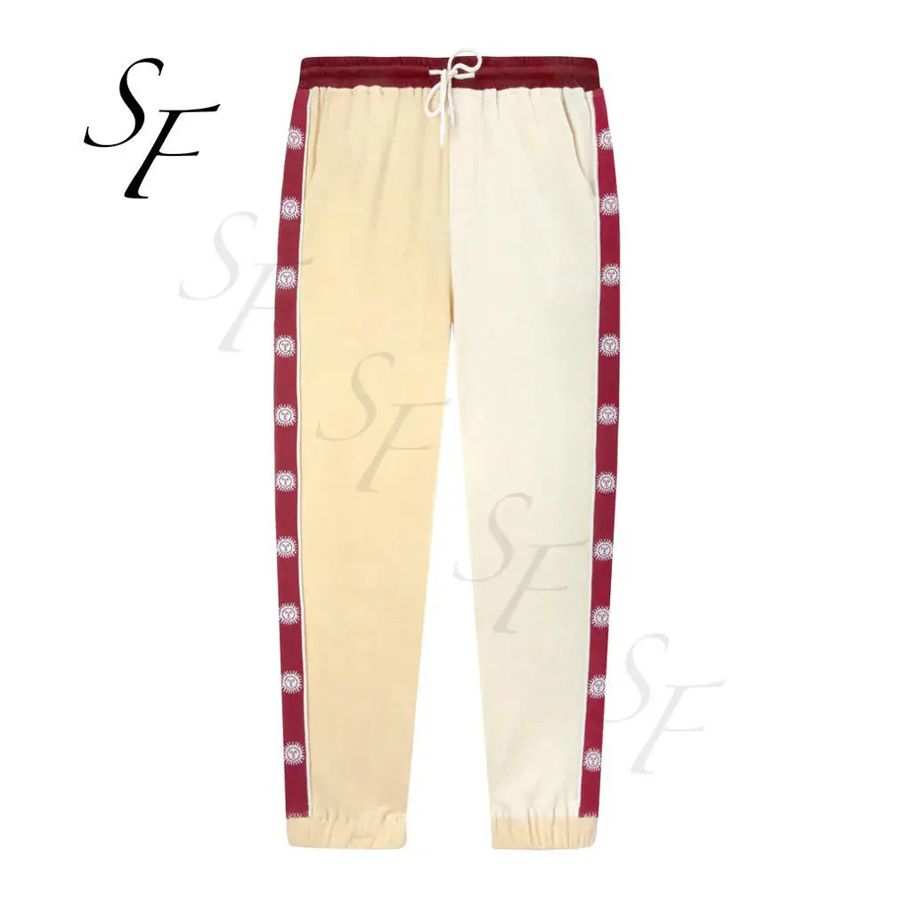 Custom logo Yellow and Maroon Sun Motif Elasticized Waist and Cuffs Suitable for Skiers in 100% Organic Cotton Men's Pants