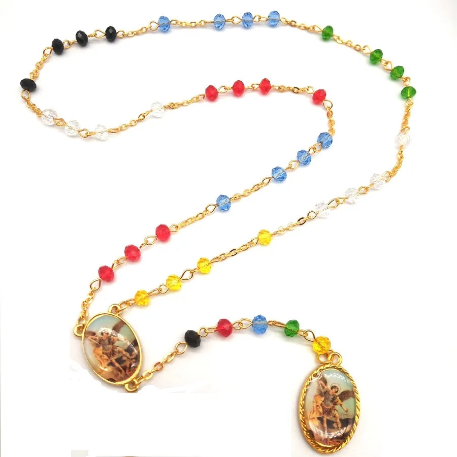 Best Seller Transparent Multi-colors 4*6 mm Glass Beads with Saint Michael Chaplet Gold Chain Rosary