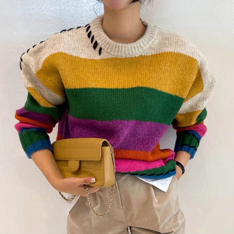 Wholesale 2026 Korean Chic Autumn and Winter Versatile Pullover Round Neck Contrast Rainbow Stripe Design Long-sleeved Sweater