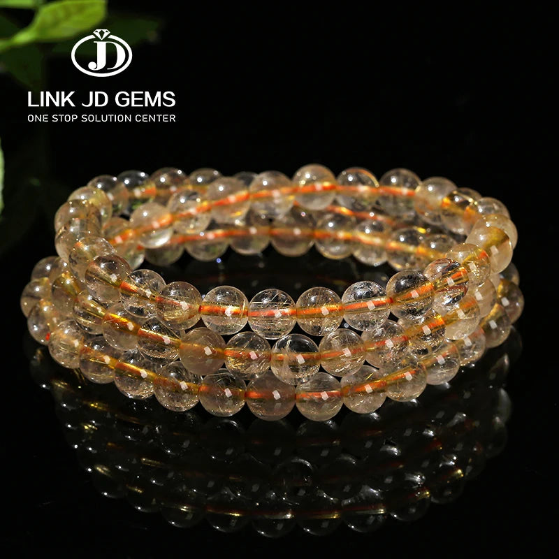 JD Fashion Trendy Semi-precious 6-7mm Stone Bead Energy Strand Bangles Natural Gold Rutilated Quartz Multilayer Bracelet for